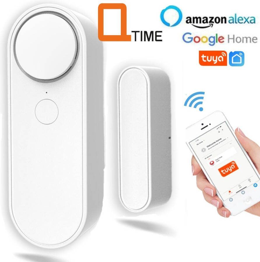 Q-Time WiFi Deur raam alarm Ook te gebruiken als winkel deurbel met 4 volumeniveaus directe melding op uw telefoon Sensor Magnetisch App Control – Tuya – werkt ook met Google Home en Alexa Draadloos 2.4GHz Geschikt voor iPhone & Android