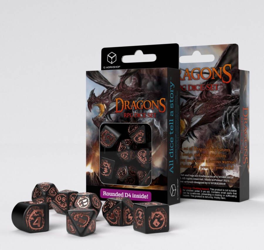 Q-Workshop Dragons Modern Dice Set Black & Copper (7 stuks)