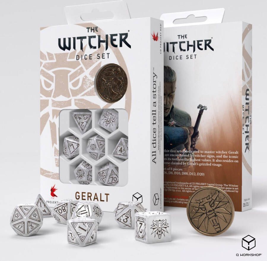 Q Workshop Q-Workshop The Witcher Dice Set Geralt De Witte Wolf (7 stuks + munt)