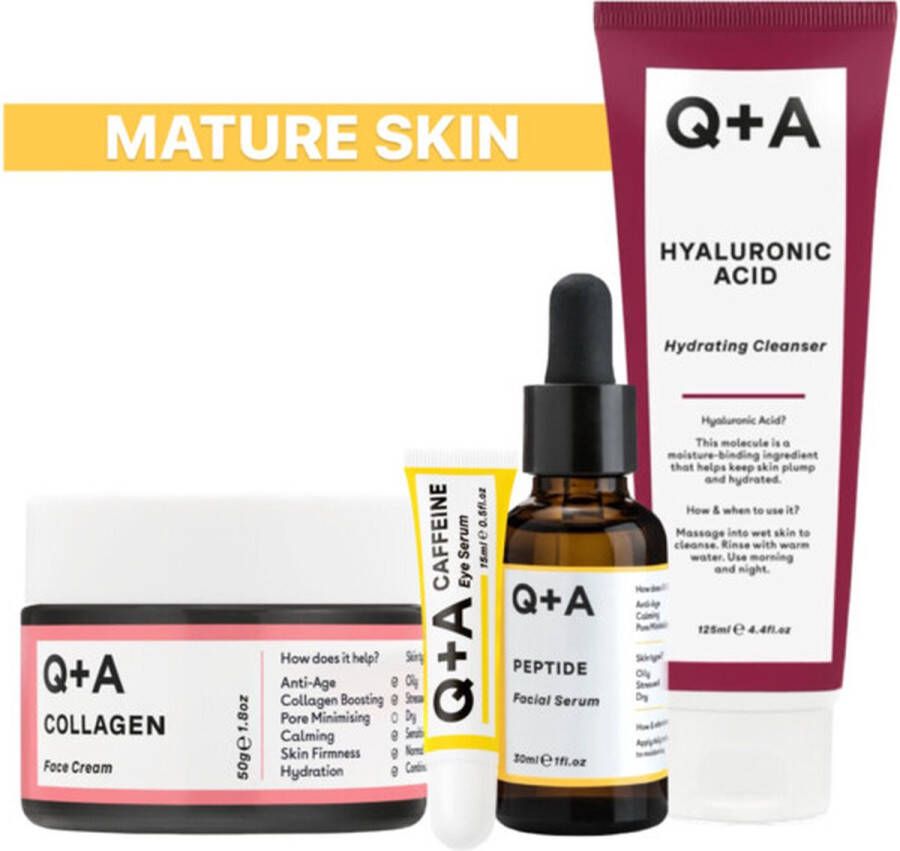 Q+A Mature Skin Reinigingsgel 1x 125 ml & Gezichtsserum 1x 30 ml & Dagcréme 1x 50 gr & Oogserum 1x 15 ml Pakket