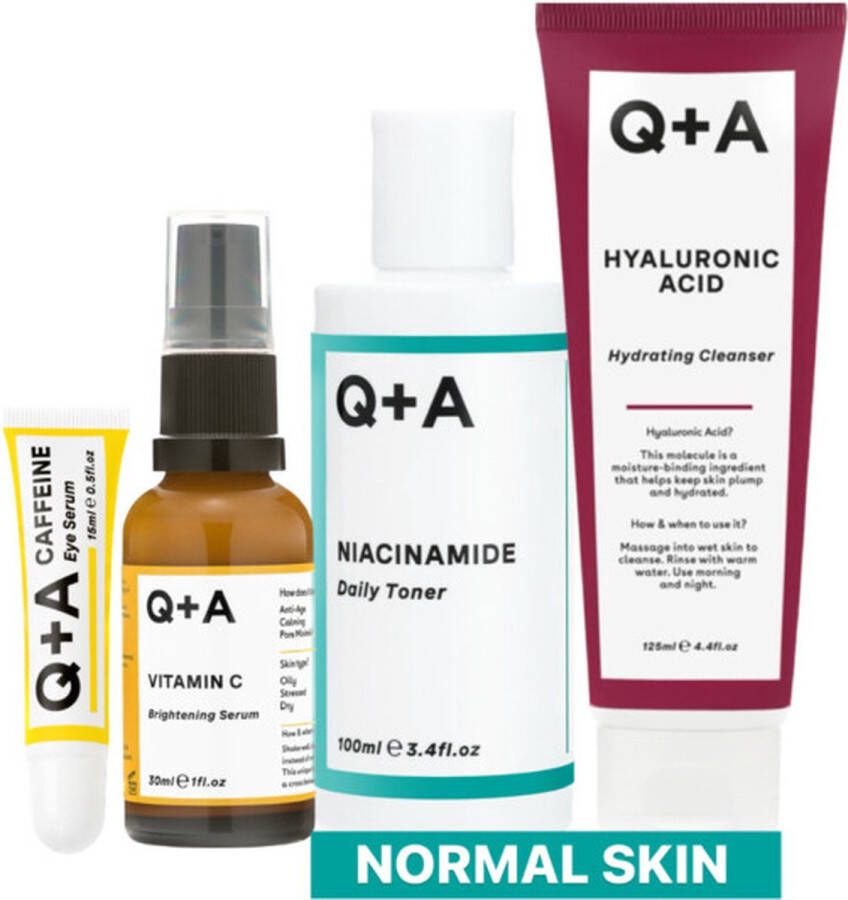 Q+A Normal Skin Reinigingsgel 1x 125 ml & Toner 1x 100 ml & Gezichtsserum 1x 30 ml & Oogserum 1x 15 ml Pakket