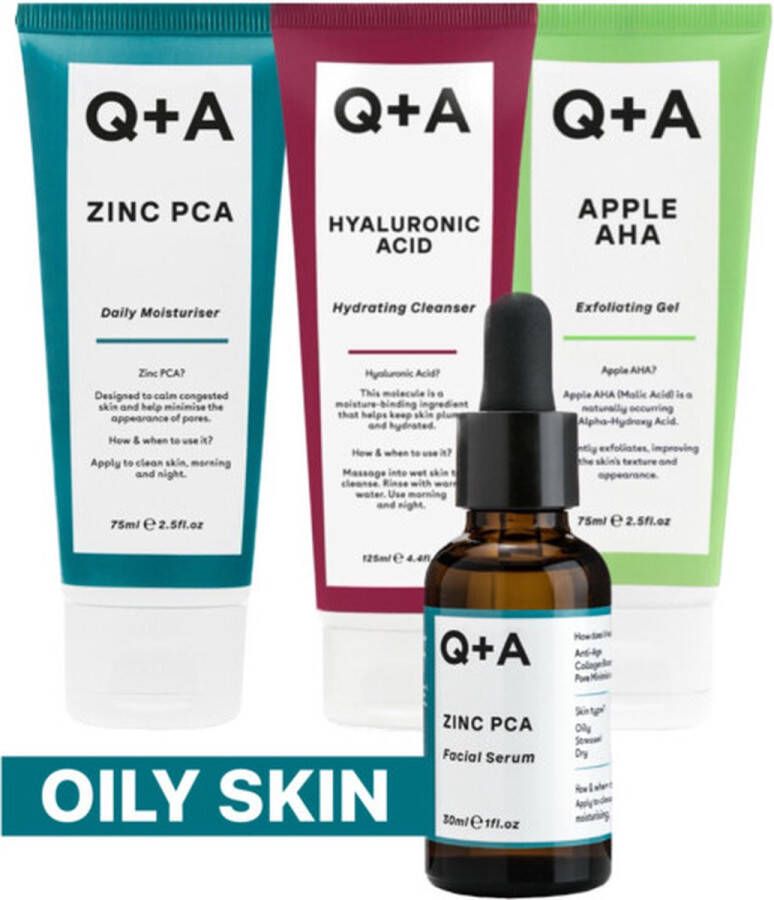 Q+A Oily Skin Reinigingsgel 1x 125 ml & Exfoliant 1x 75 ml & Gezichtsserum 1x 30 ml & Moisturiser 1x 75 ml Pakket