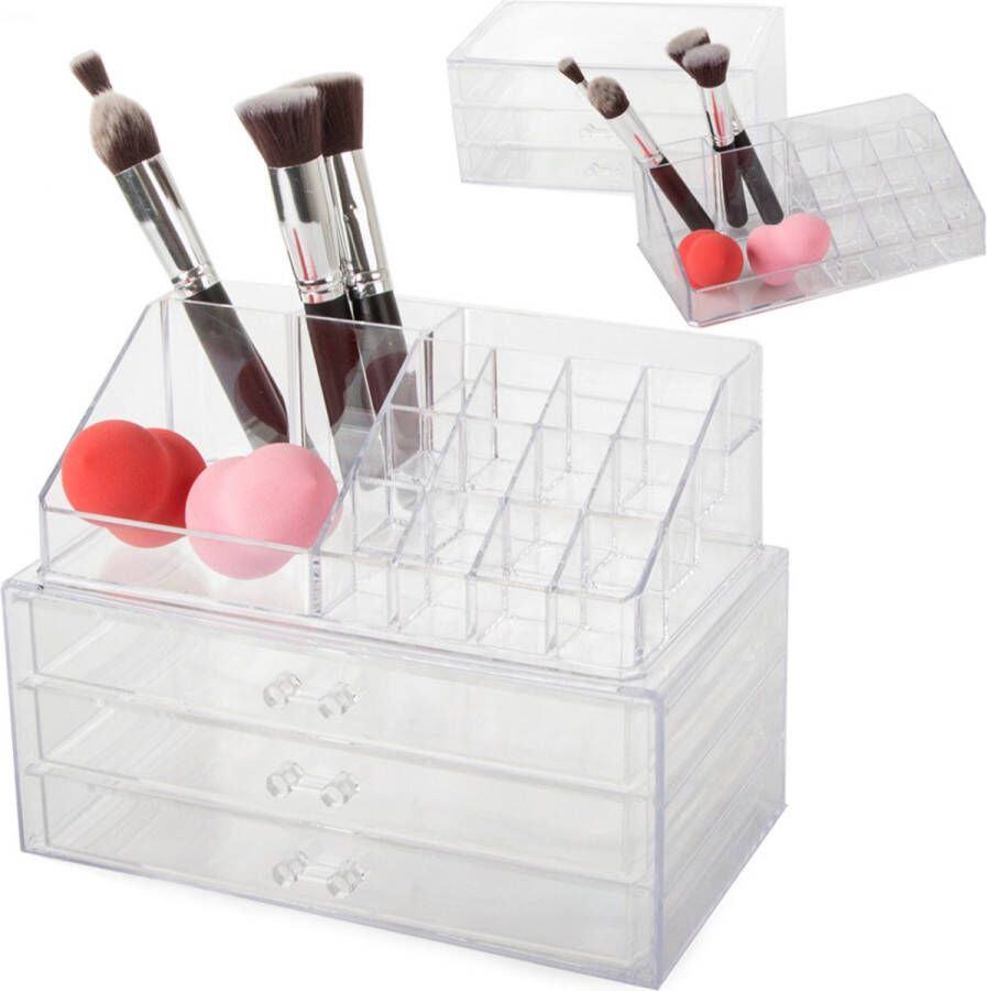 Qaan Living Makeup Organizer Transparant Doorzichtig 3 lades Plexiglas 23.5 x 13.5 x 18 cm