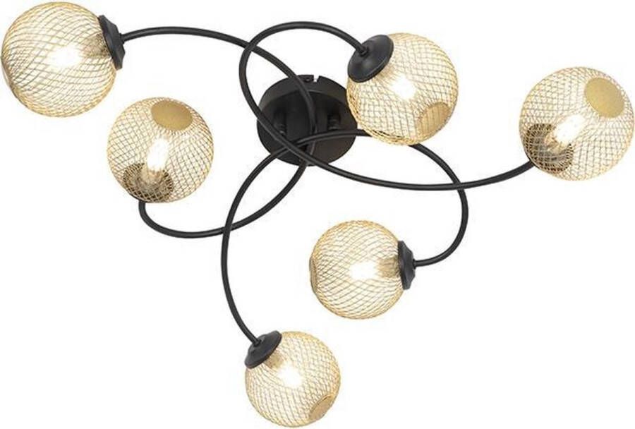 QAZQA Moderne Plafondlamp Zwart Met Goud 6-lichts Athens Wire