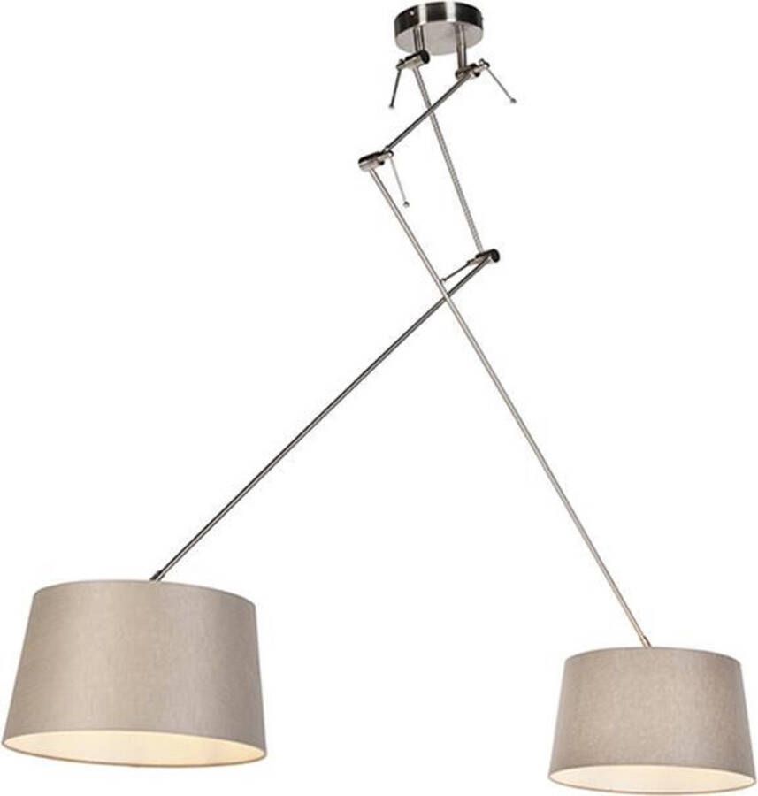 QAZQA Hanglamp Staal Met Linnen Kappen Taupe 35 Cm 2-lichts Blitz