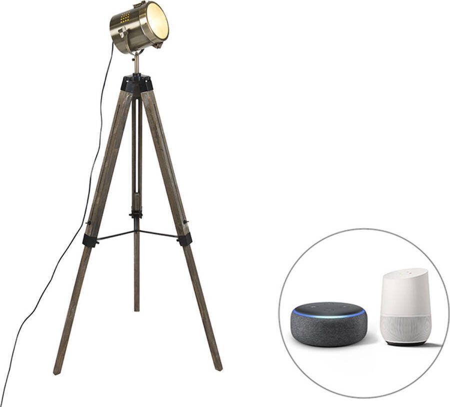 QAZQA braha Industriele LED Smart Tripod driepoot vloerlamp Staande Lamp incl. wifi 1 lichts H 140 cm Bruin Industrieel Woonkamer Slaapkamer Keuken
