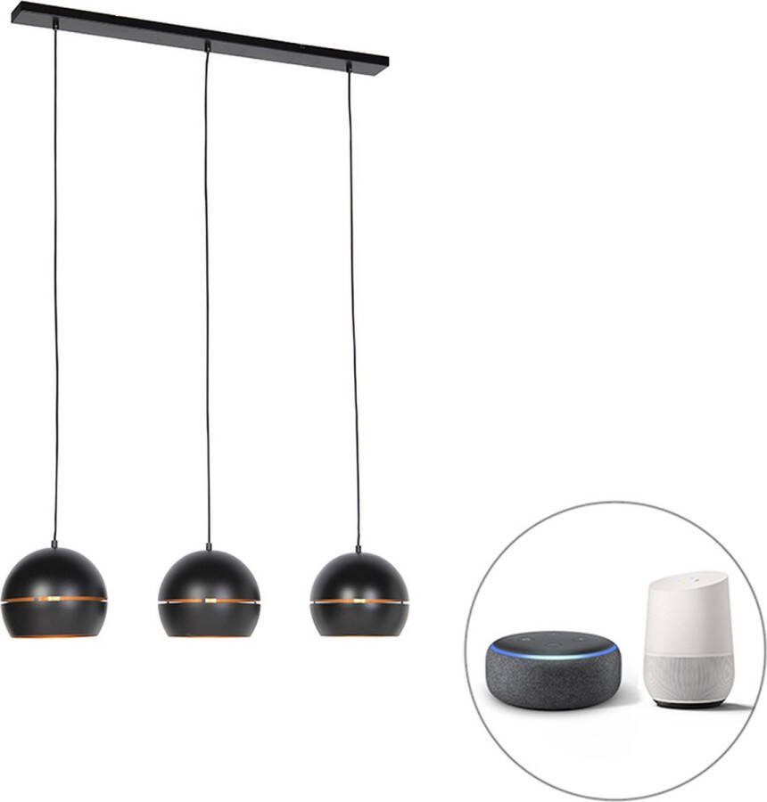 QAZQA buell Industriele LED Smart Hanglamp incl. wifi voor boven de eettafel in eetkamer 3 lichts L 110 cm Zwart Goud Industrieel Woonkamer Slaapkamer