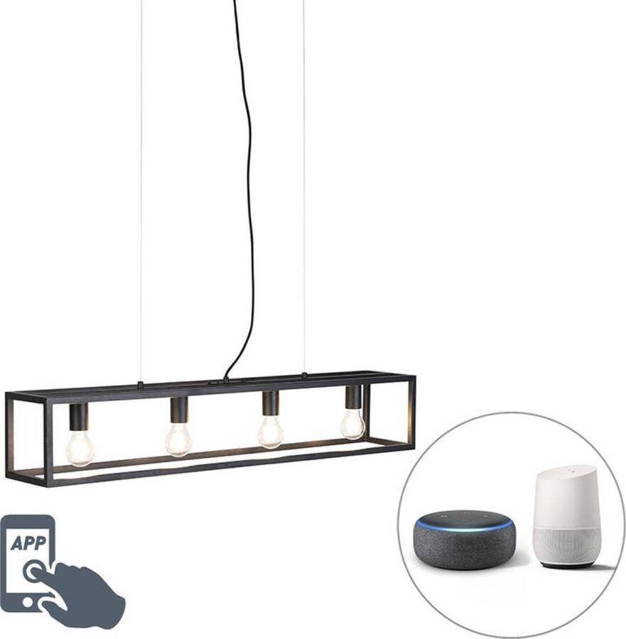QAZQA cage Industriele Dimbare LED Smart Hanglamp eettafel incl. wifi met Dimmer voor boven de eettafel in eetkamer 4 lichts L 100 cm Zwart Industrieel Woonkamer