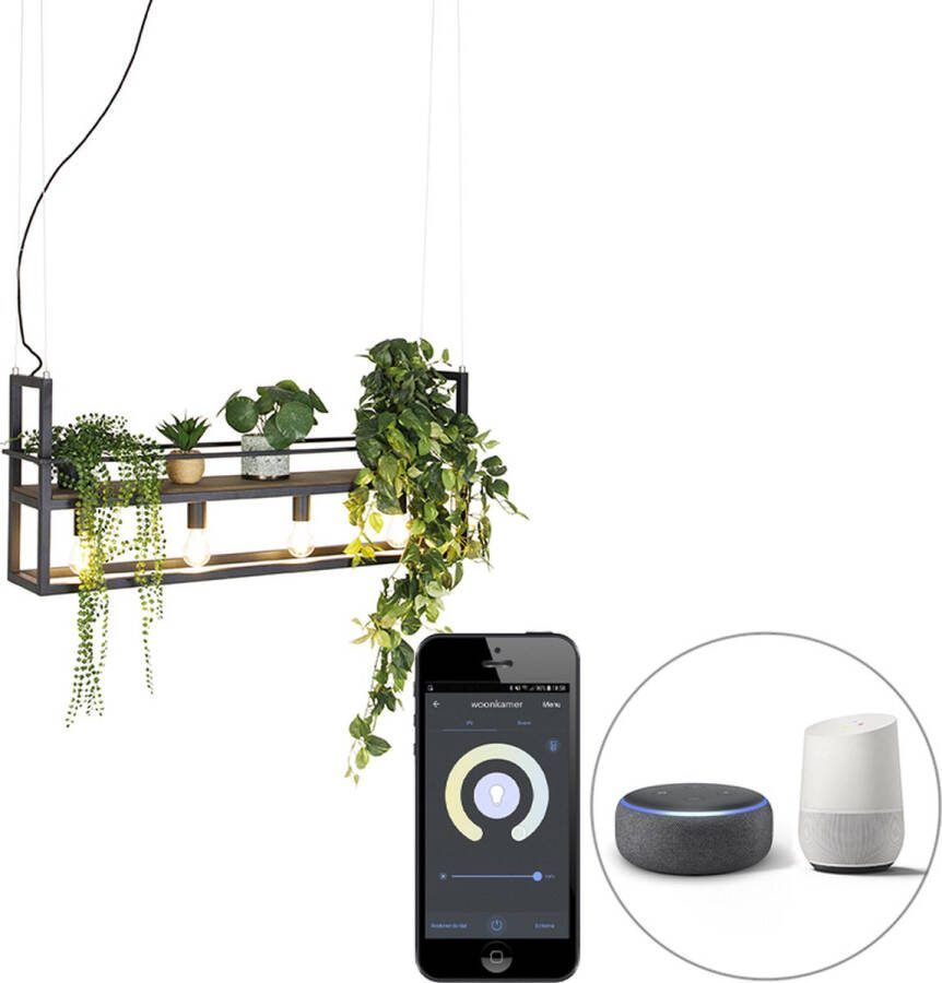 QAZQA cage rack Industriele LED Smart Hanglamp eettafel incl. wifi voor boven de eettafel in eetkamer 4 lichts L 100 cm Bruin Industrieel Woonkamer