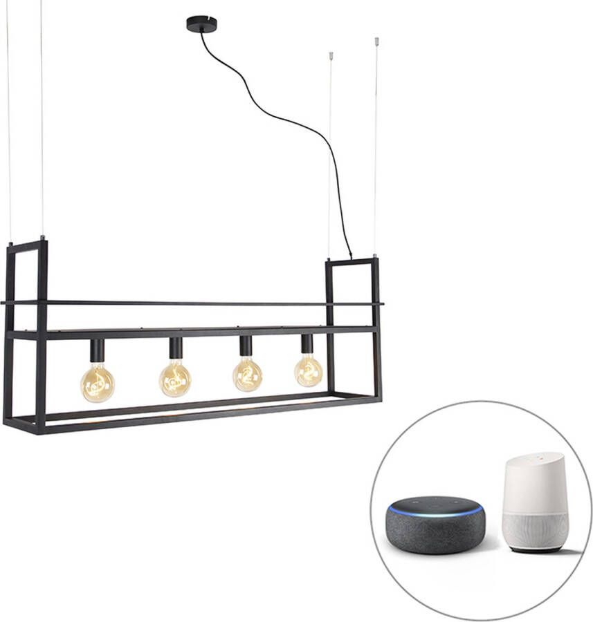 QAZQA 106193 cage rack Industriele LED Smart Hanglamp eettafel incl. wifi voor boven de eettafel in eetkamer 4 lichts L 118 cm Zwart Industrieel Woonkamer Slaapkamer Keuken