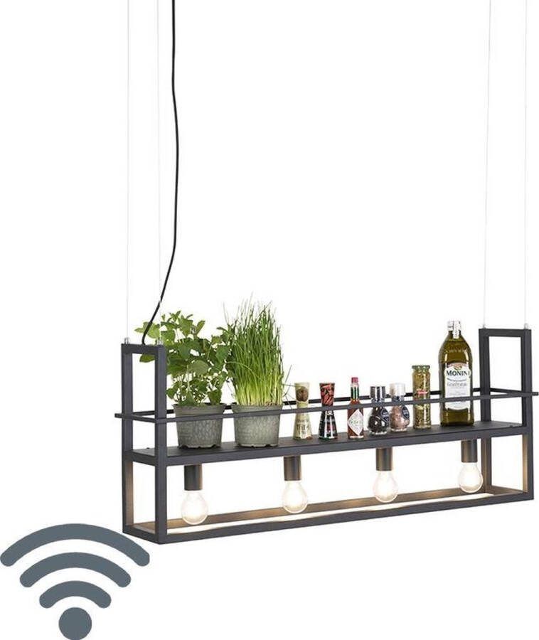 QAZQA cage rack Moderne Dimbare LED Smart Hanglamp eettafel incl. wifi met Dimmer voor boven de eettafel in eetkamer 4 lichts L 101.5 cm Zwart Woonkamer