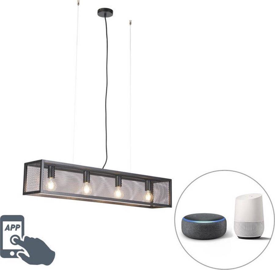 QAZQA cage_wire Industriele LED Dimbare Smart Hanglamp eettafel incl. wifi met Dimmer voor boven de eettafel in eetkamer 4 lichts L 99.5 cm Zwart Industrieel Woonkamer