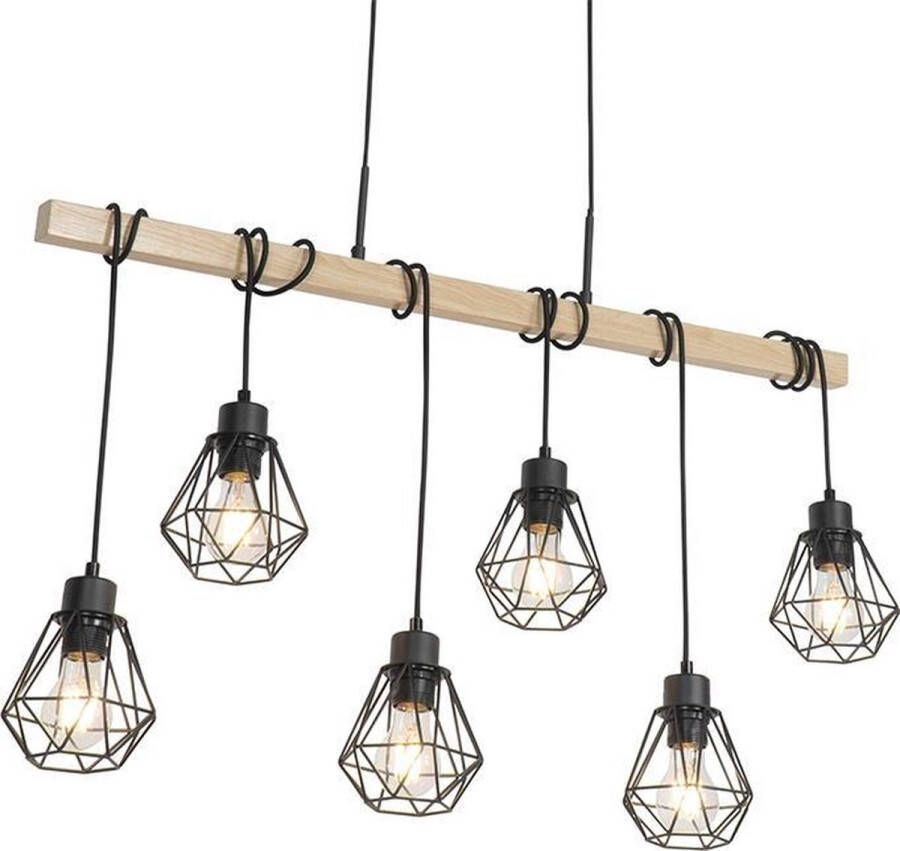 QAZQA Landelijke Hanglamp Zwart Met Hout 6-lichts Chon