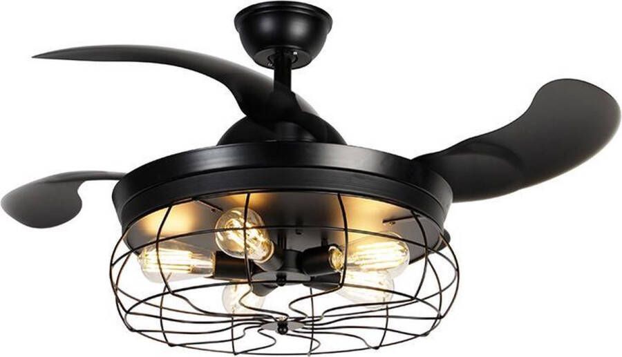 QAZQA gaiola Plafondventilator met Verlichting Lamp en Afstandsbediening 5 lichts Ø 106.7 cm Zwart Industrieel Woonkamer Slaapkamer Keuken