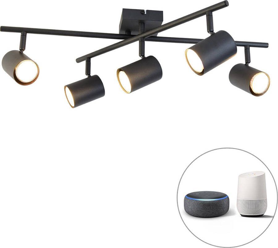 QAZQA jeana Moderne Dimbare LED Smart Plafondspot Spotje Opbouwspot incl. wifi met Dimmer 5 lichts L 62 cm Zwart Woonkamer Slaapkamer Keuken