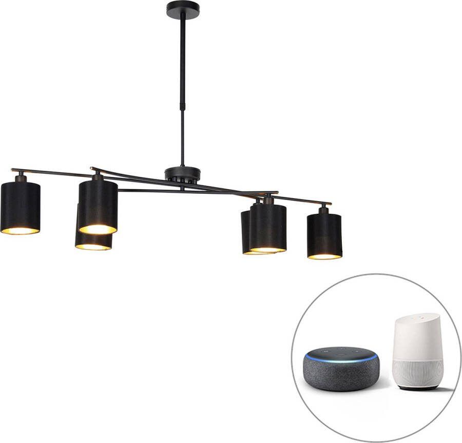 QAZQA lofty Moderne Dimbare LED Smart Hanglamp met kap incl. wifi met Dimmer voor boven de eettafel in eetkamer 6 lichts L 101 cm Zwart Woonkamer Slaapkamer Keuken