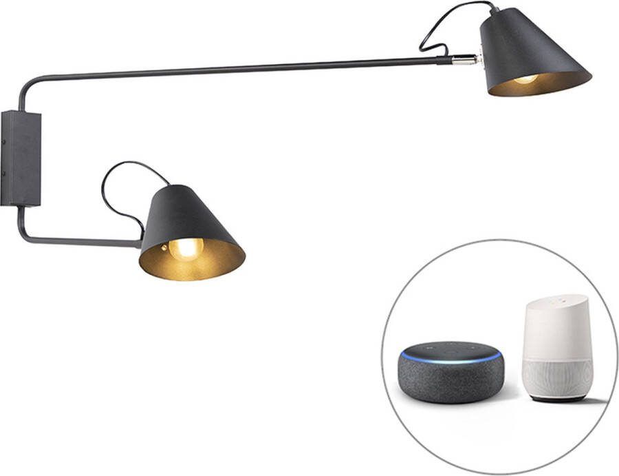 QAZQA lune wl Retro LED Smart Wandlamp incl. wifi voor binnen 2 lichts L 90 cm Zwart Woonkamer Slaapkamer
