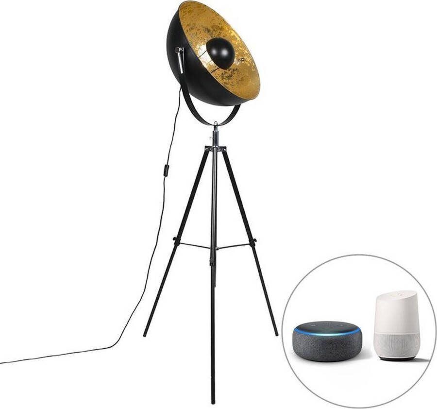 QAZQA magna yeyang Moderne Dimbare LED Smart Tripod driepoot vloerlamp Staande Lamp incl. wifi met Dimmer 1 lichts H 160 cm Zwart Goud Woonkamer Slaapkamer Keuken