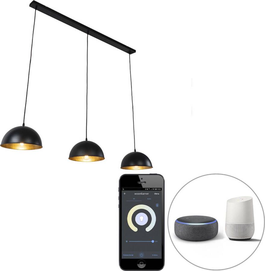 QAZQA 106241 magnax Industriele LED Smart Hanglamp eettafel incl. wifi voor boven de eettafel in eetkamer 3 lichts L 138 cm Zwart Industrieel Woonkamer Slaapkamer Keuken