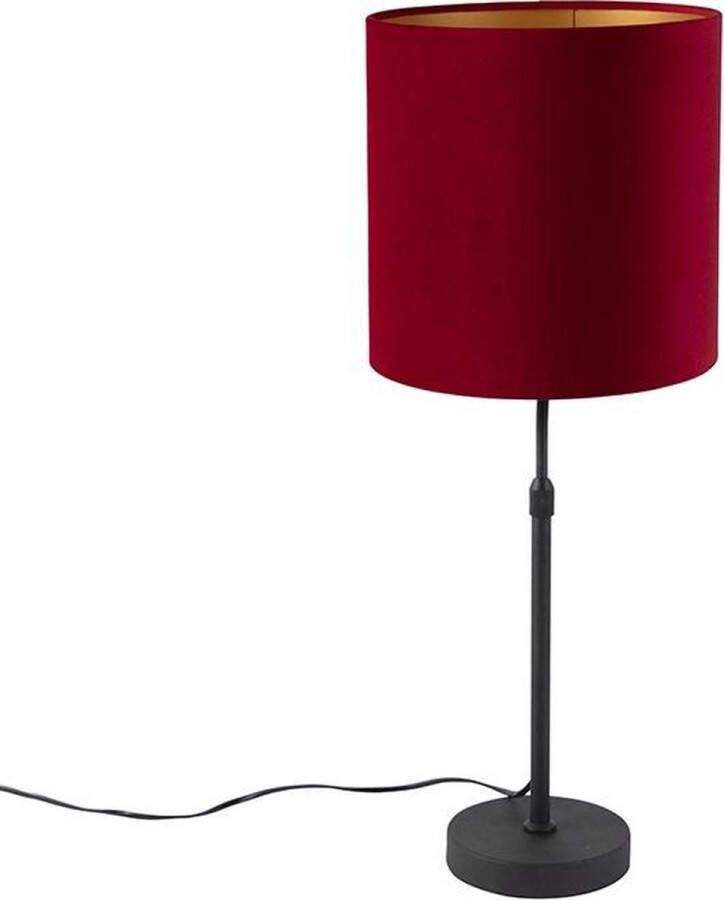 QAZQA Tafellamp Zwart Met Velours Kap Rood Met Goud 25 Cm Parte