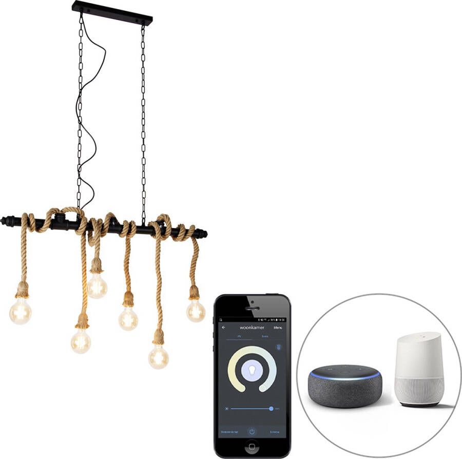 QAZQA 106267 plural hl Industriele LED Smart Hanglamp incl. wifi voor boven de eettafel in eetkamer 6 lichts L 102 cm Zwart Industrieel Woonkamer Slaapkamer Keuken