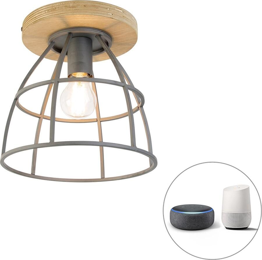 QAZQA arthur Industriele LED Dimbare Smart Plafondlamp incl. wifi met Dimmer 1 lichts Ø 25 cm Bruin Industrieel Woonkamer Slaapkamer Keuken