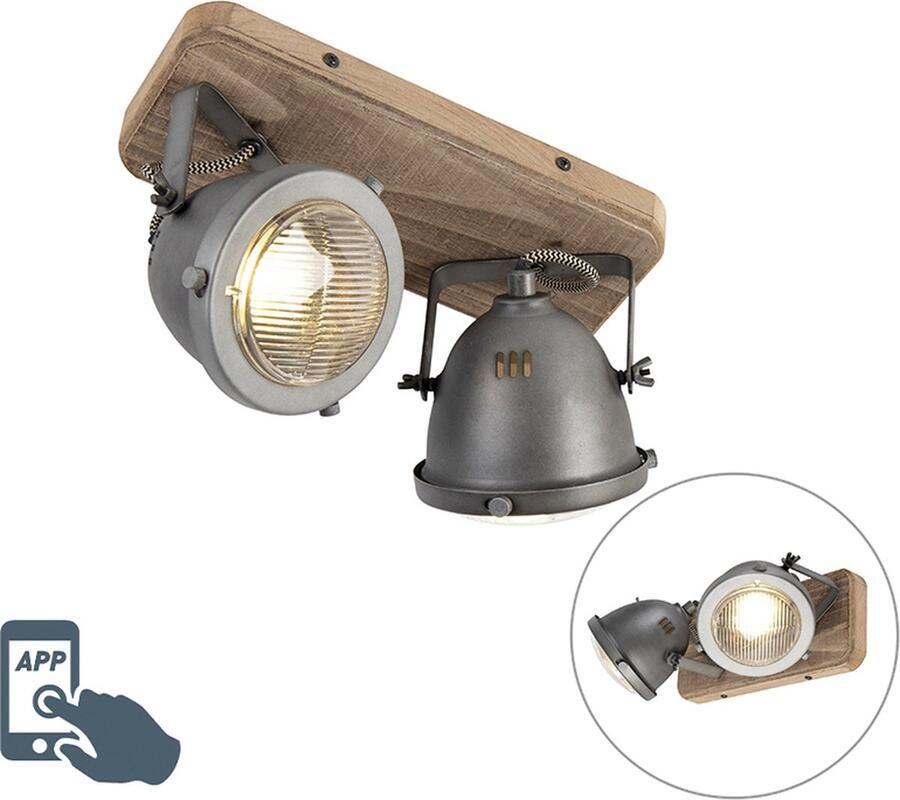 QAZQA emado Industriele Dimbare LED Smart Plafondspot Spotje Opbouwspot incl. wifi met Dimmer 2 lichts L 27 cm Grijs Industrieel Woonkamer Slaapkamer Keuken