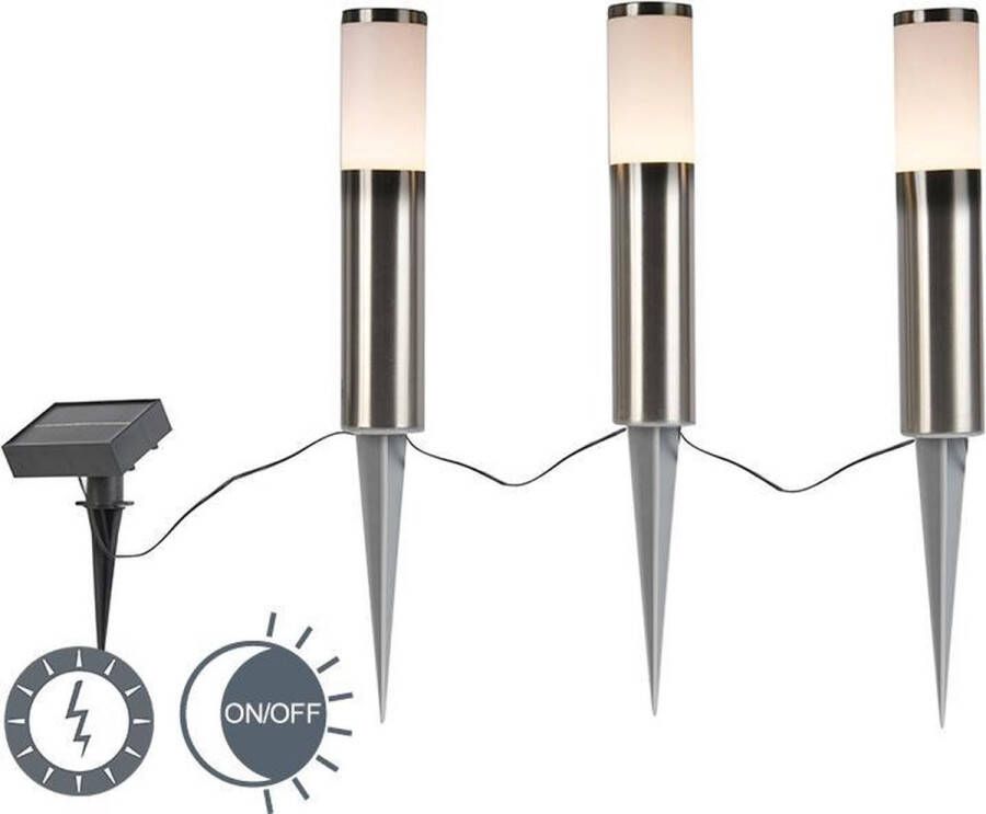 QAZQA rox Moderne LED Priklamp Prikspot buitenlamp met Solar Zonne energie 3 lichts Ø 50 mm Staal Buitenverlichting