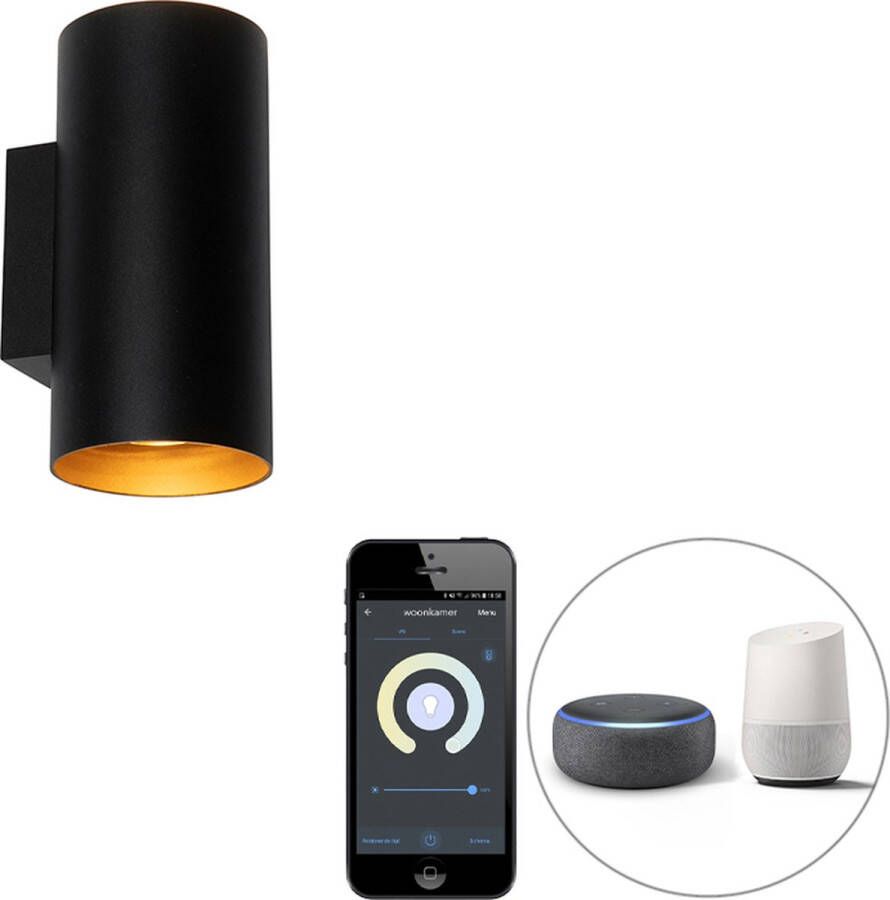 QAZQA sab Design LED Smart Wandlamp incl. wifi Up Down voor binnen 2 lichts D 11.4 cm Zwart Goud Woonkamer Slaapkamer Keuken