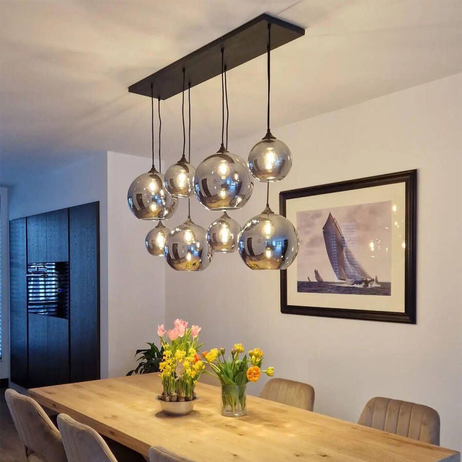 QAZQA sandra Art Deco Grote hanglamp voor boven de eettafel in eetkamer 8 lichts L 1400 mm Zwart Woonkamer Slaapkamer Keuken