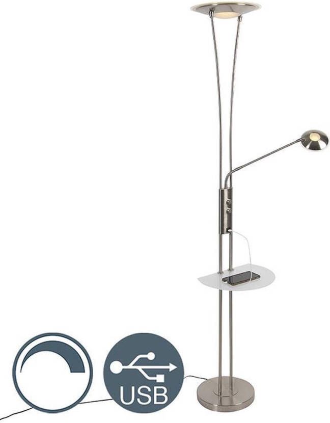 QAZQA sevilla Moderne LED Dimbare Vloerlamp Staande Lamp met Dimmer met leeslamp 1 lichts H 180 cm Staal Woonkamer Slaapkamer Keuken