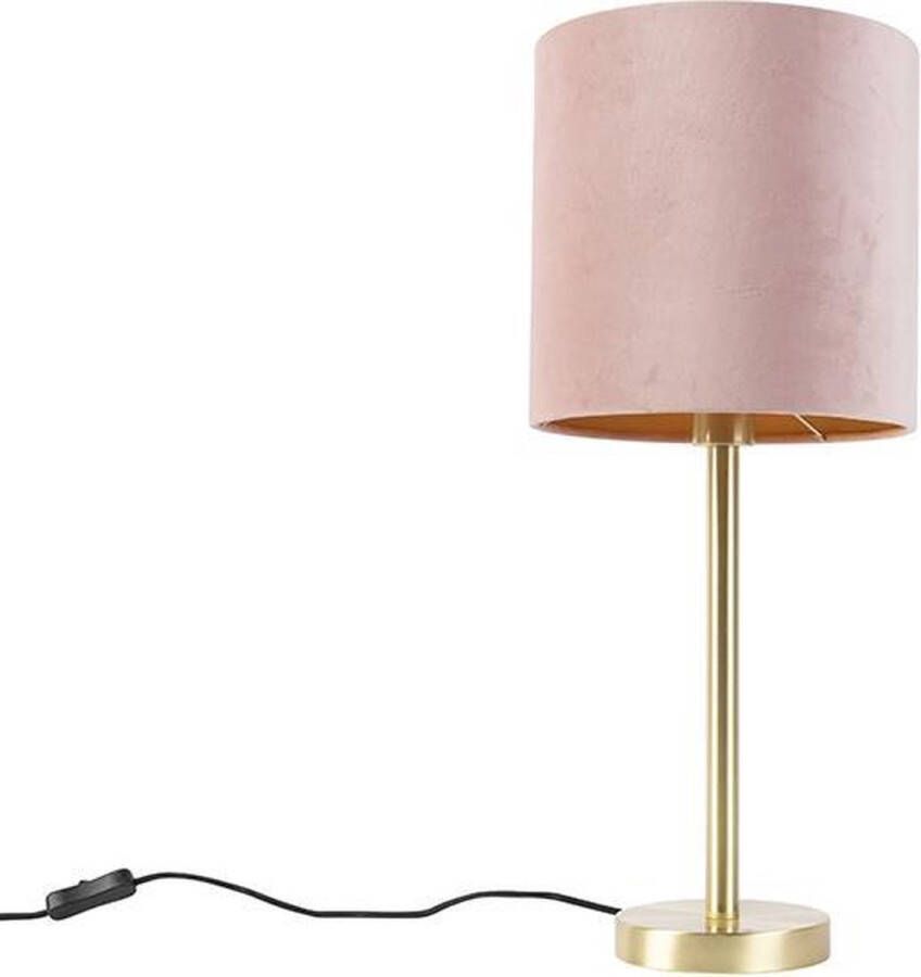 QAZQA Romantische tafellamp messing met roze kap 25 cm Simplo