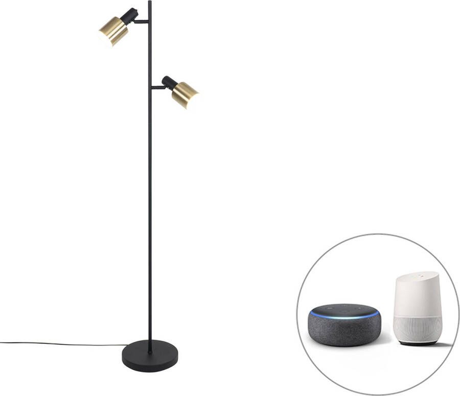 QAZQA stijn Moderne LED Dimbare Smart Vloerlamp Staande Lamp incl. wifi met Dimmer 2 lichts H 156 cm Messing Woonkamer Slaapkamer