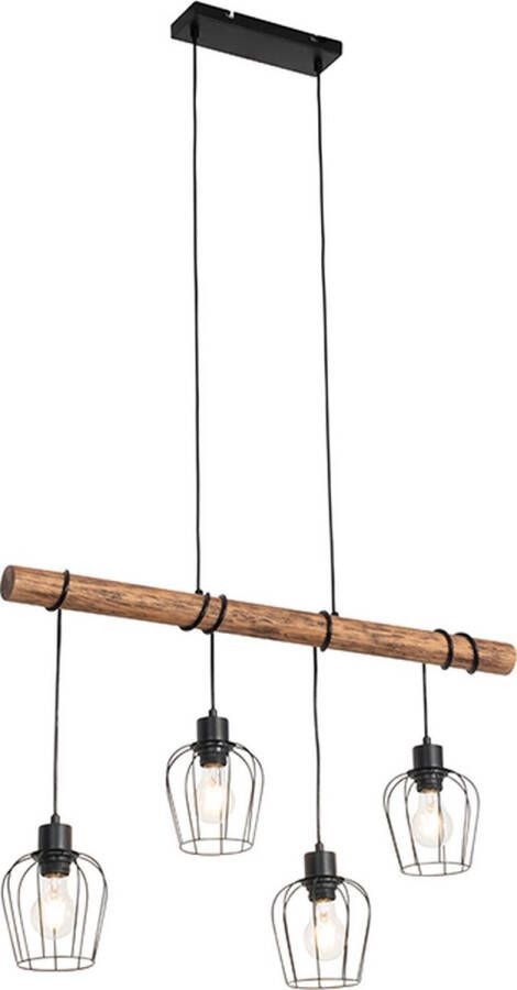 QAZQA stronk Landelijke Hanglamp eettafel 4 lichts L 80 cm Zwart Woonkamer Slaapkamer Keuken