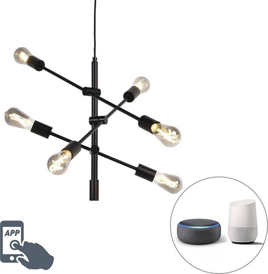 QAZQA sydney Industriele LED Dimbare Smart Hanglamp incl. wifi met Dimmer voor boven de eettafel in eetkamer 6 lichts Ø 75 cm Zwart Industrieel Woonkamer Slaapkamer Keuken