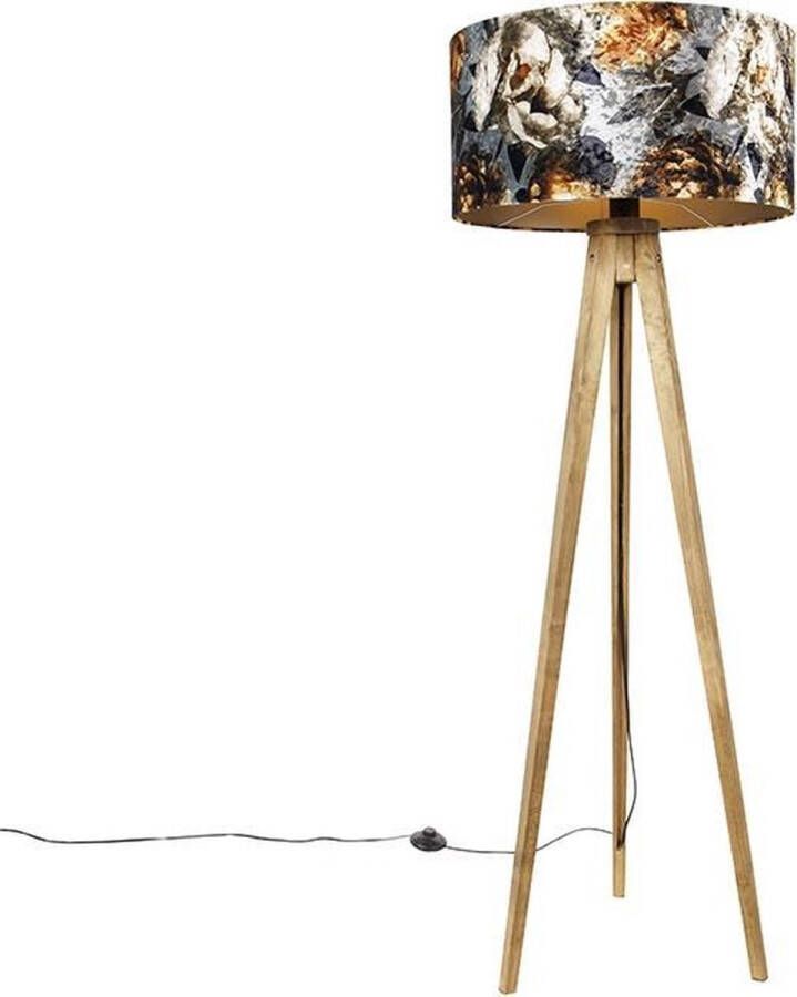 QAZQA tripod_classic Tripod driepoot vloerlamp 1 lichts H 136 cm Bloemen print