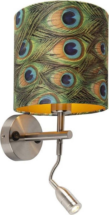 QAZQA Moderne Wandlamp Staal Met Leeslamp En Kap Velours 20 20 20 Pauw Goud