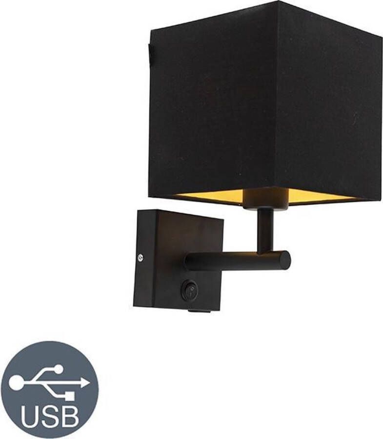 QAZQA Wandlamp Zwart Met Usb En Vierkante Zwarte Kap Combi 1