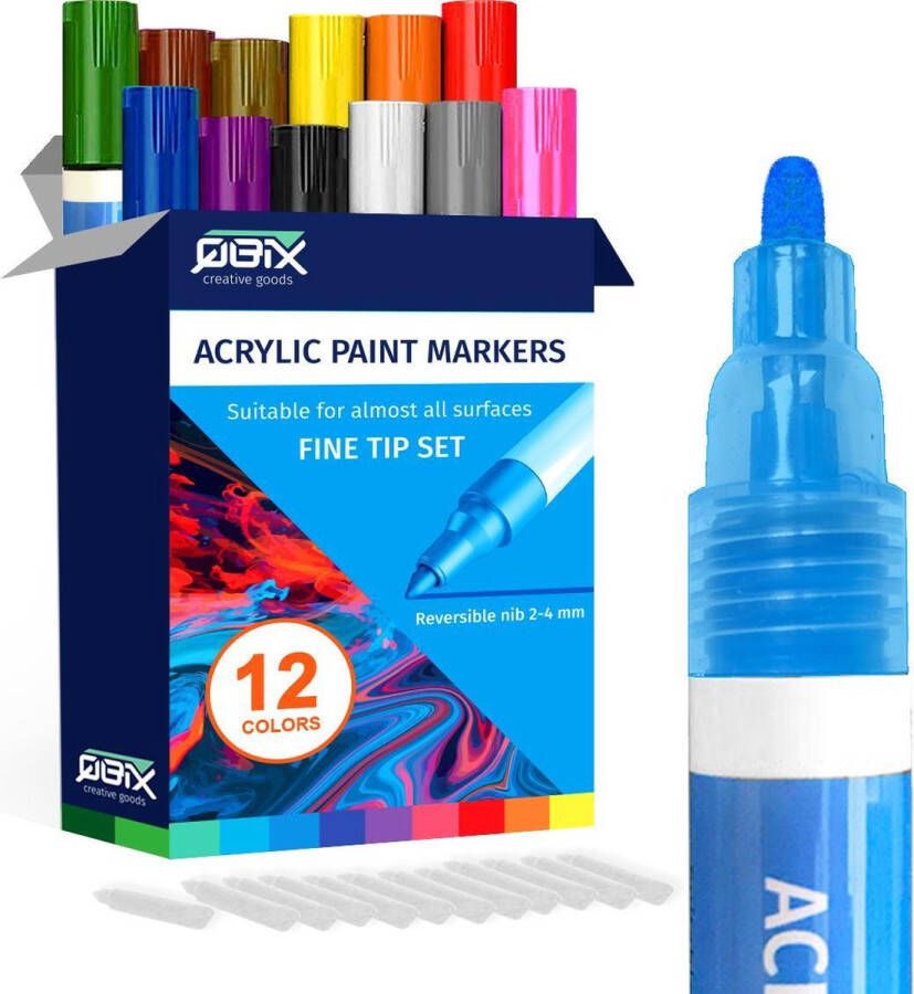 QBIX Acrylstiften Verfstiften set van 12 Kleuren Deze acrylmarkers zijn geschikt voor alle ondergronden 2-4mm