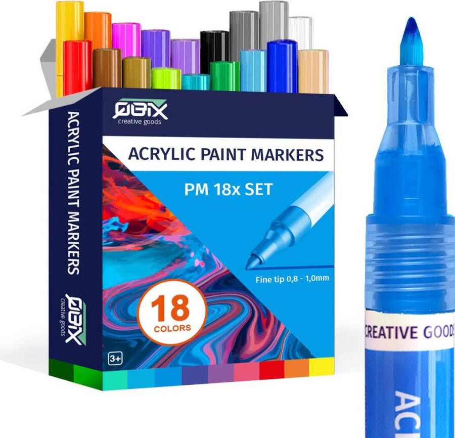 QBIX Acrylstiften Verfstiften set van 18 Kleuren Deze acrylmarkers zijn geschikt voor alle ondergronden 1mm