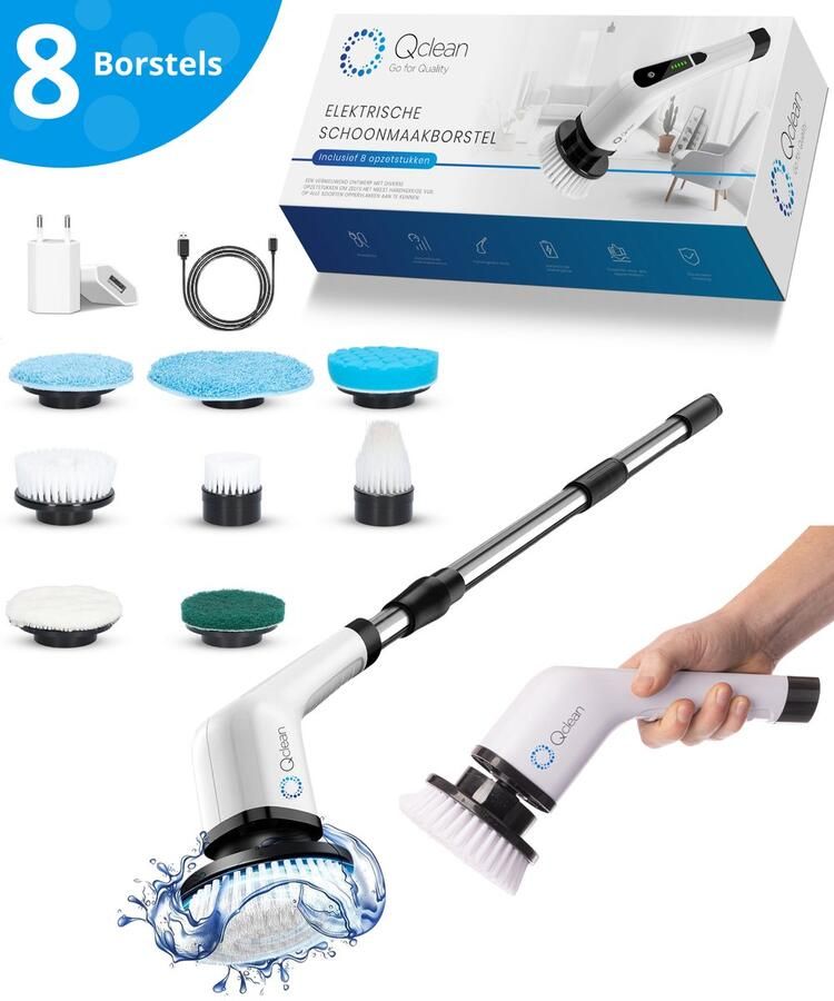 Qclean Elektrische Schoonmaakborstel Schrobber Met Steel Schrobborstel Elektrisch- Schrobmachine Handborstel Schrobber 8 Opzetstukken Met Adapter