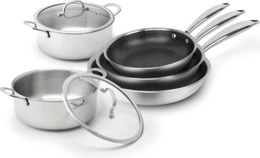QDesign Set van 3 RVS triply pannen 20 + 24 + 28 cm met non-stick honeycomb coating + 2 kookpotten 22 + 26 cm + 3 glazen deksels 22 + 26 cm Zilver Zwart Transparant