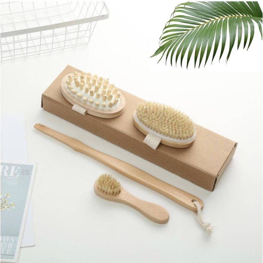 QEY Doucheset 3 in 1 Borstels Houten Badset Badborstel Lichaamsborstel en Gezichtsreiniger Massageborstel werkt tegen cellulite Afneembare Steel