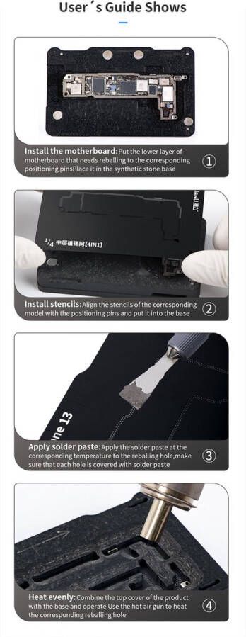 QIANLI Middle Frame Reballing Platform iPhone 13 -serie Soldeering en accessoires 4 in 1 platform precieze positionering Sterke magneet binnen Hoge temperatuurweerstand stencil