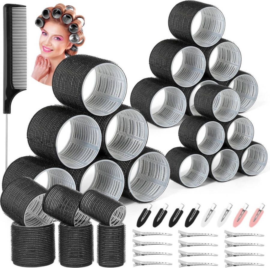 Qinzave 39 Stuks Krultang Set Jumbo Grote Haarrollers Zelfklevende Haarrollers 64mm 44mm 33mm met 20 Stuks Haarspeldjes Grote Hittevrije Haarkrulspelden voor Lang Medoum en Kort Haar