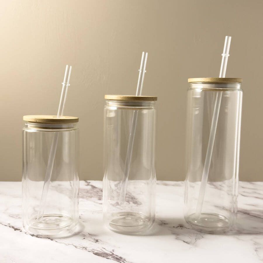 QL Store Glazen Drinkbeker Nature Glass Bamboe Deksel Met Rietje Transparant 500ml