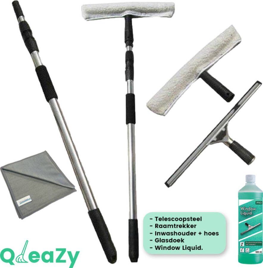 QleaZy Professionele raamwisser met telescoopsteel 1 2 meter- Zeemset 25 cm Raamtrekker met Liquid. 500ml