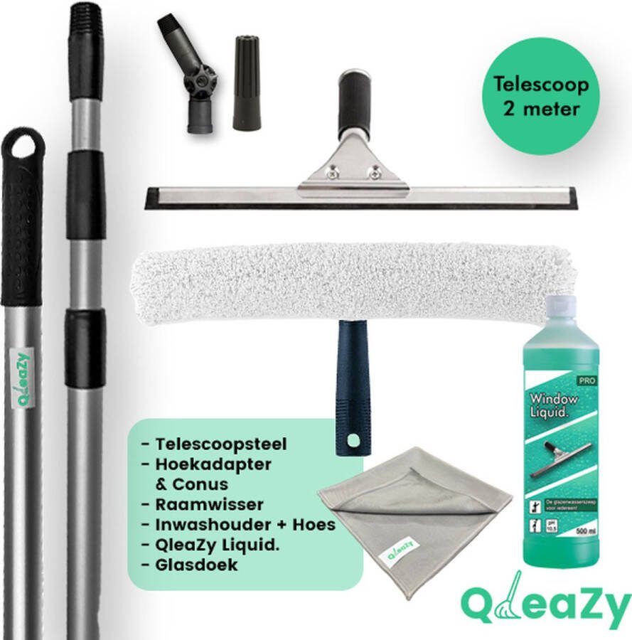QleaZy Professionele raamwisser met telescoopsteel 2 meter- Zeemset 45 cm met Telescoop steel 2 meter-Raamtrekker