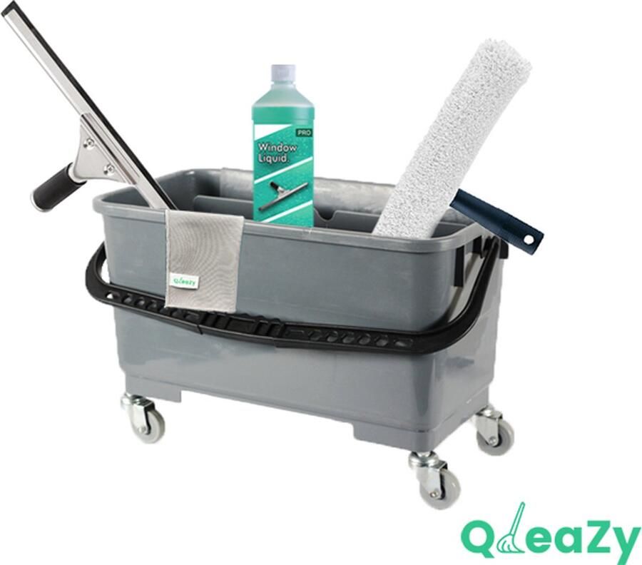 QleaZy Raamwisser 45cm SET Ramen wassen met emmer 20ltr Ramen Wassen Glasdoek Liquid. Emmer met wielen