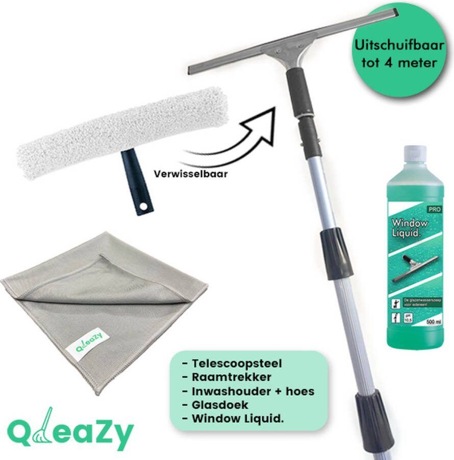 QleaZy Raamwisser 35cm met telescoopsteel 4 meter uitschuifbaar ramenwassen professioneel 35 cm SET